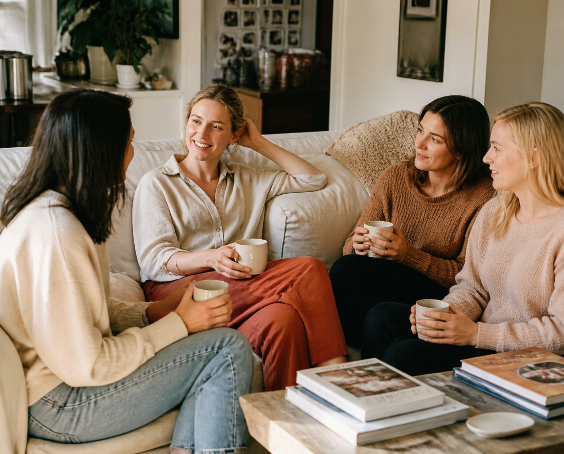 A group of women sitting together holding coffee mugs in a warm sunlit living room